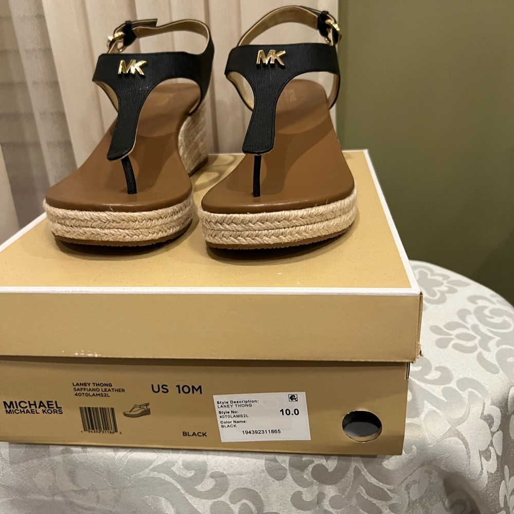 Michael Kors Black and Tan Wedge Sandals